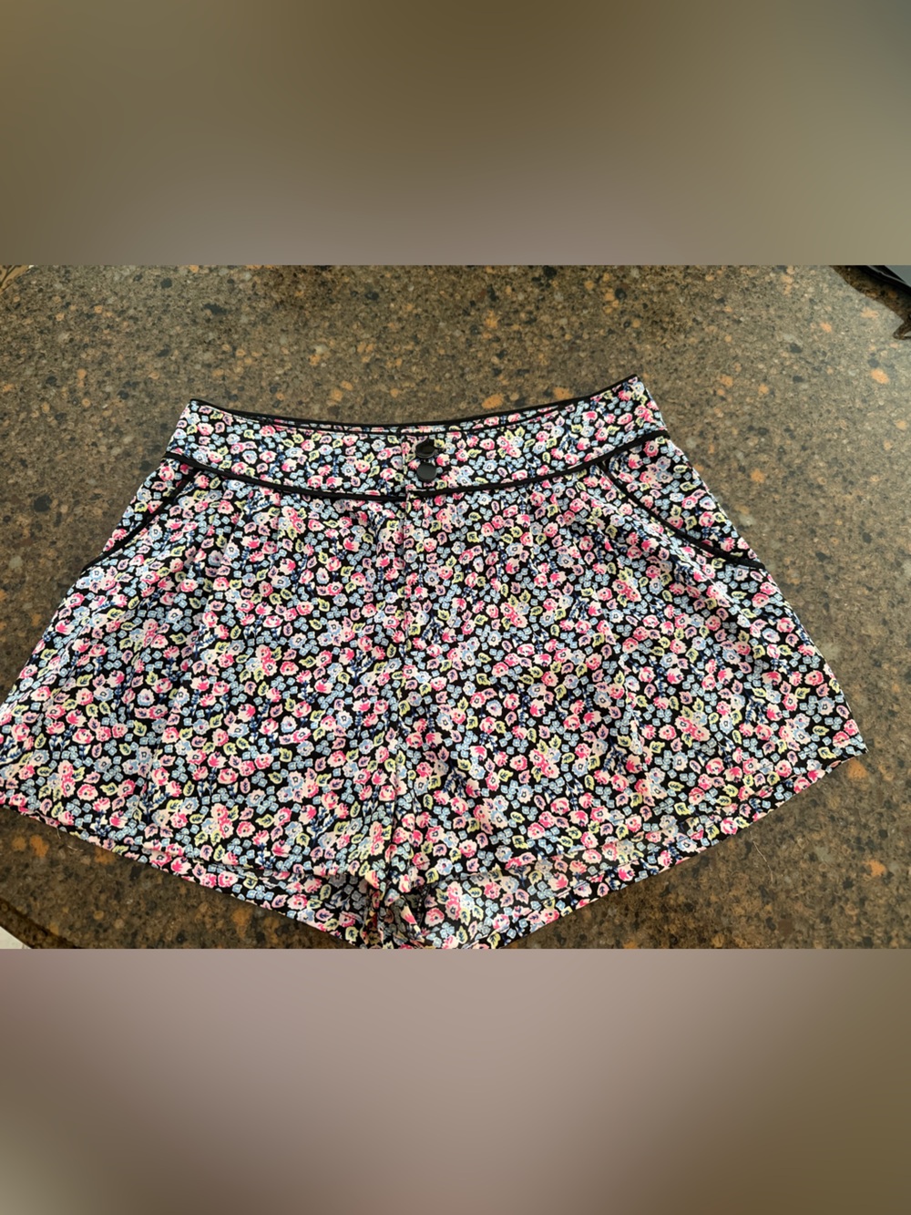 Floral Print Women’s Shorts - Black Background with Pink & Blue Flowers